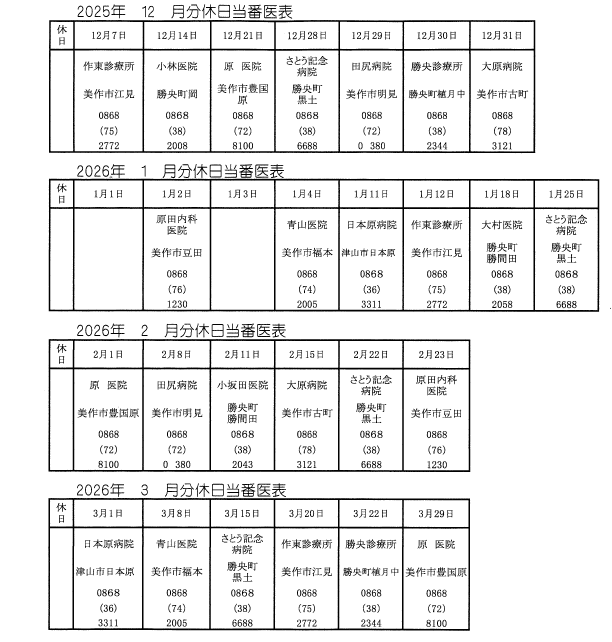 休日当番医表