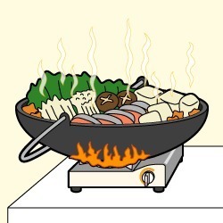 カセットコンロの上に置かれている、大きな鍋